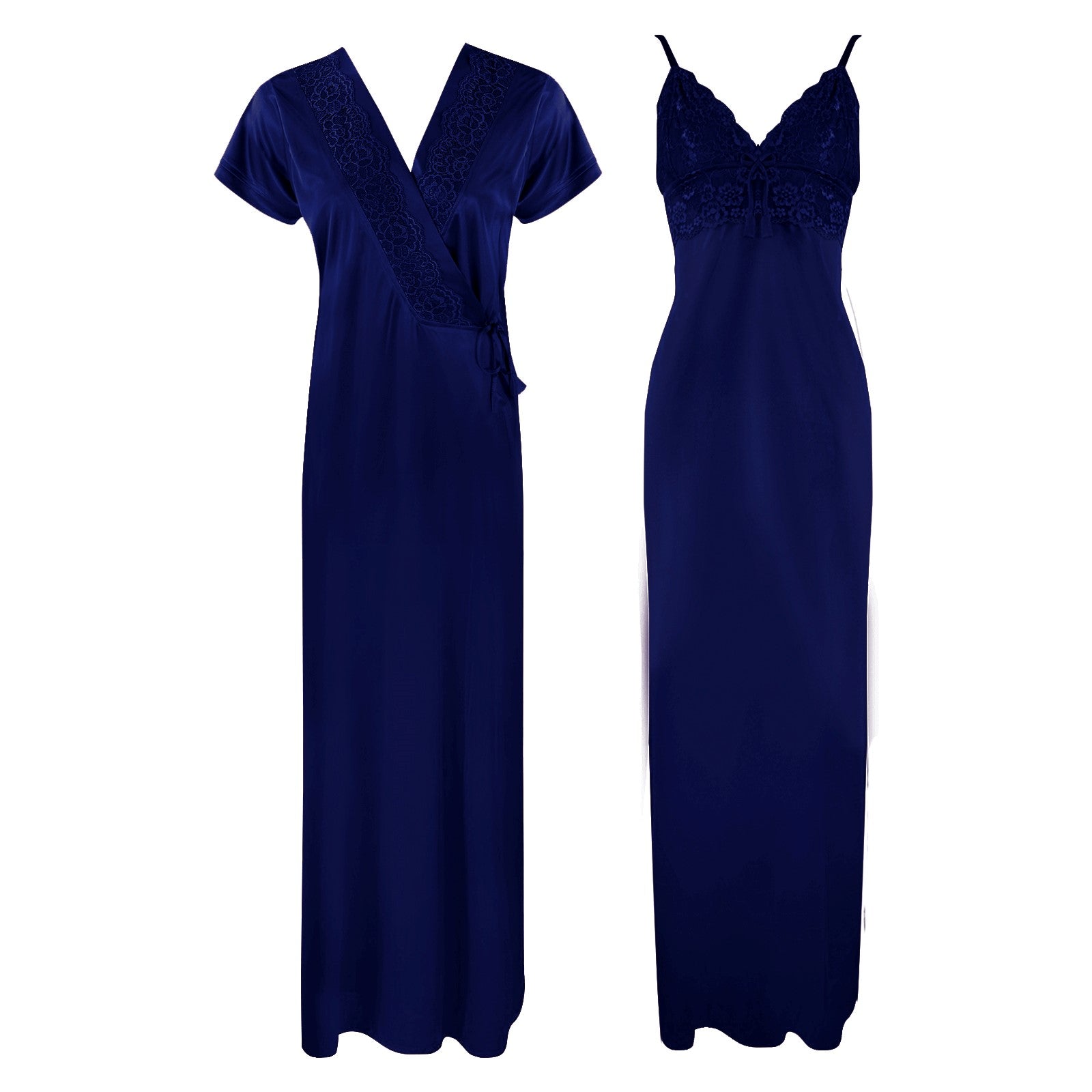 Navy / One Size Satin Strappy Solid Colour Nighty With Robe The Orange Tags