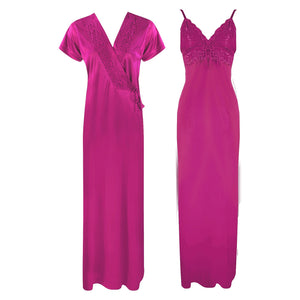 Rose / One Size Satin Strappy Solid Colour Nighty With Robe The Orange Tags
