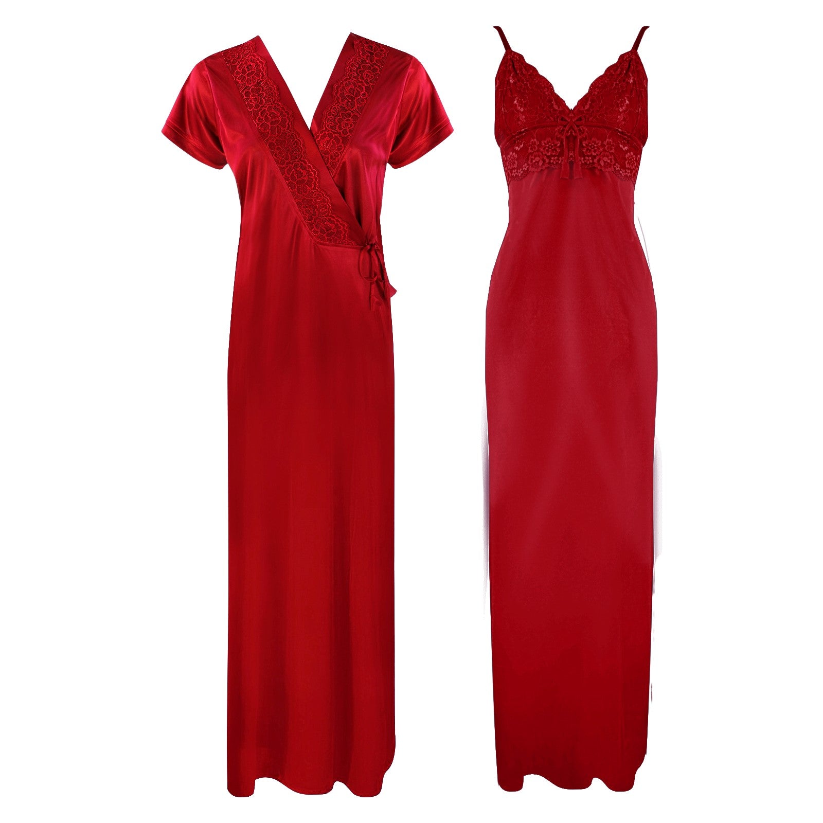 Red / One Size Satin Strappy Solid Colour Nighty With Robe The Orange Tags