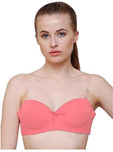 Coral / 34 B Push Up Padded Bra Strapless Multiway Transparent Clear Back Straps Bras The Orange Tags
