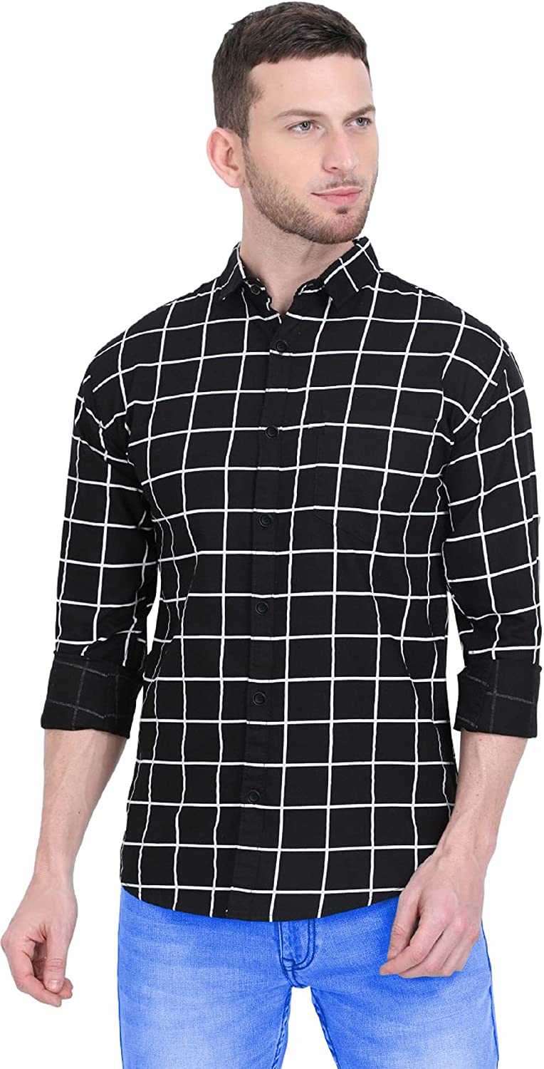 Black / S Men's Pure Soft Cotton Full Sleeve Slim Fit Check Shirt | Casual Office Partywear Workwear The Orange Tags