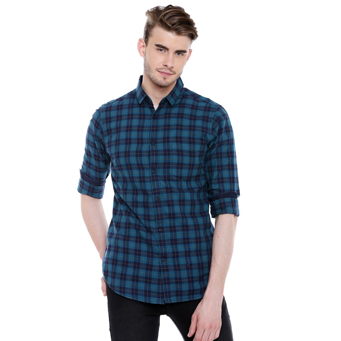 Blue / S Men's Pure Soft Cotton Full Sleeve Slim Fit Check Shirt | Casual Office Partywear Workwear The Orange Tags