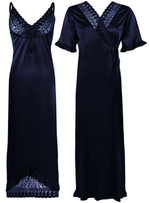Afbeelding in Gallery-weergave laden, Navy / One Size Women Satin Nighty With Robe 2 Pcs Set The Orange Tags

