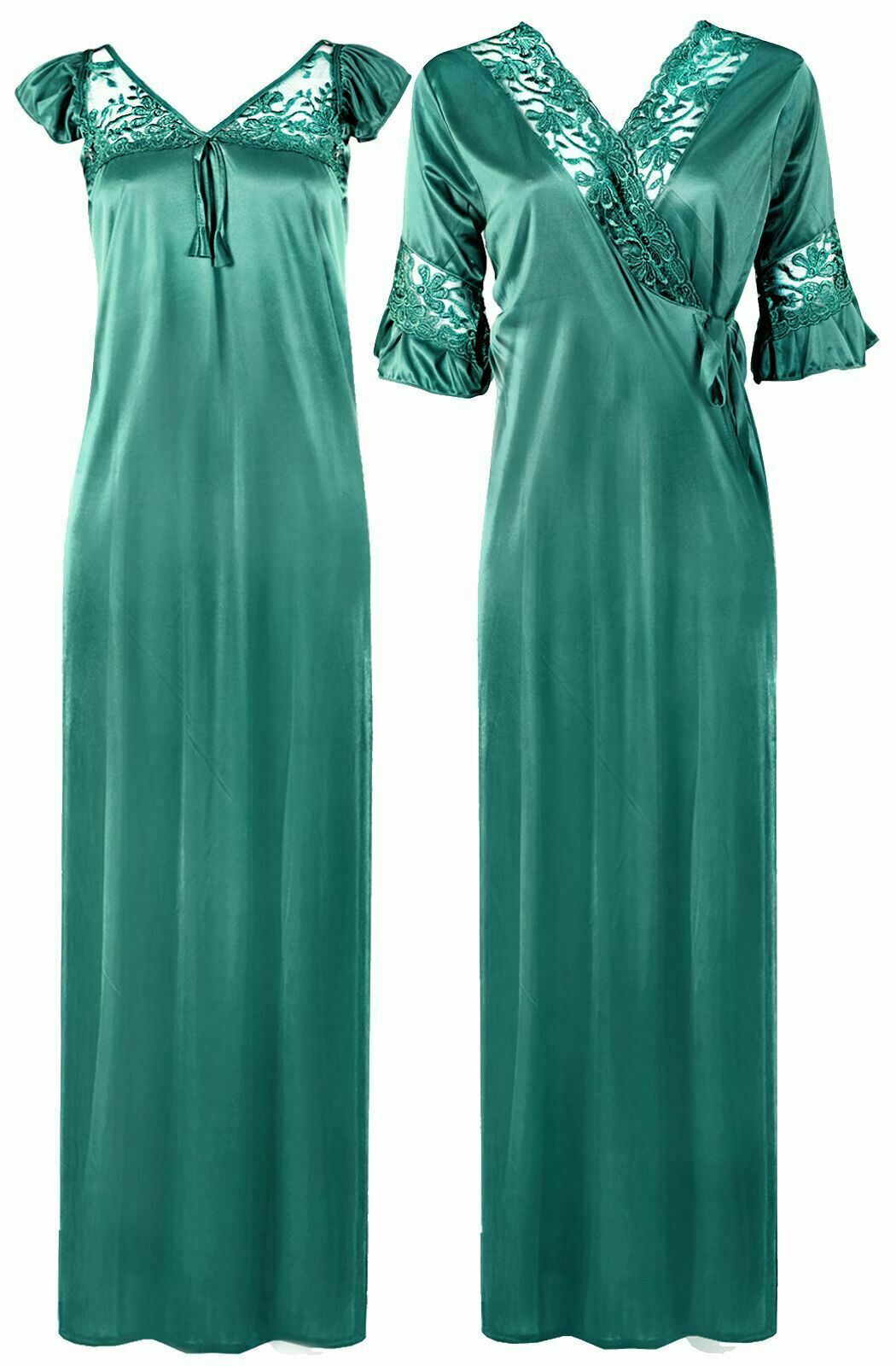 Teal / XXL Women Satin Long Nightdress Lace Detailed The Orange Tags